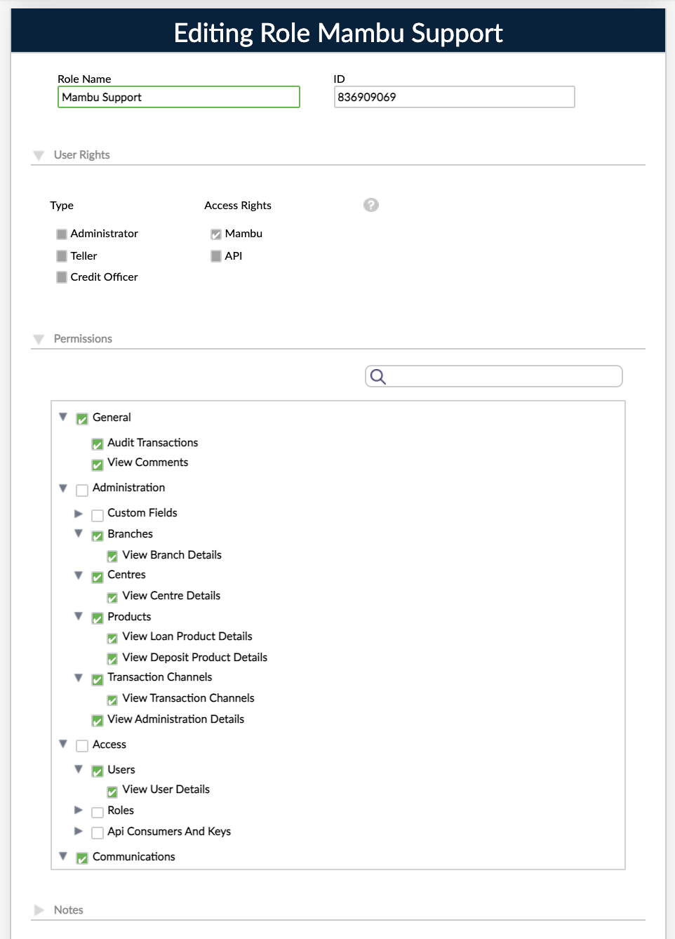 Editing Role Mambu Support dialog